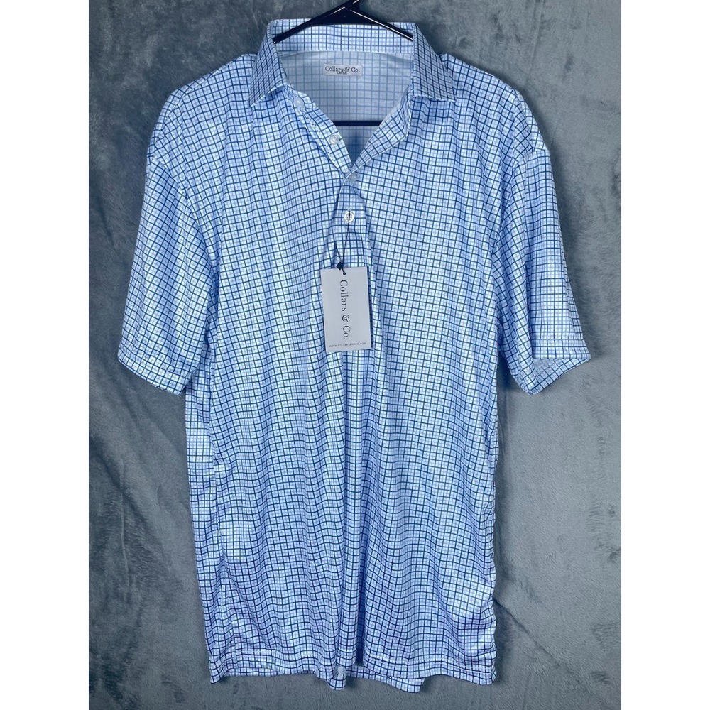 NWT Collars & CO Men's Short Sleeve Blue White Plaid Polo Shirt Size Large
